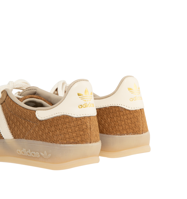 Image 3 of 5 - BROWN - ADIDAS Gazelle Indoor Sneaker featuring cotton-weave upper with butter-soft nubuck overlays, regular fit, 3 stripes on side, lace closure, leather and textile lining and semi-transparent rubber outsole. 