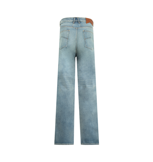 Image 2 of 3 - BLUE - RHUDE Traxedo Jean featuring a wide-leg silhouete, five-pocket style and zip fly, button closure. 100% cotton. Made in USA. 