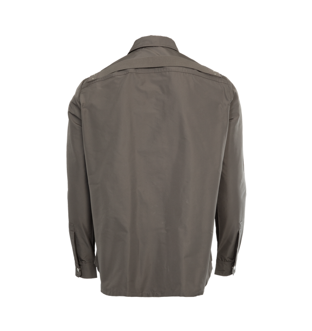 Image 2 of 3 - GREY - RICK OWENS Fogpocket Overshirt featuring front snap closure, hidden placket, point collar, long sleeves, chest vertical welt pockets and curved hem. 100% cotton. Made in Italy. 