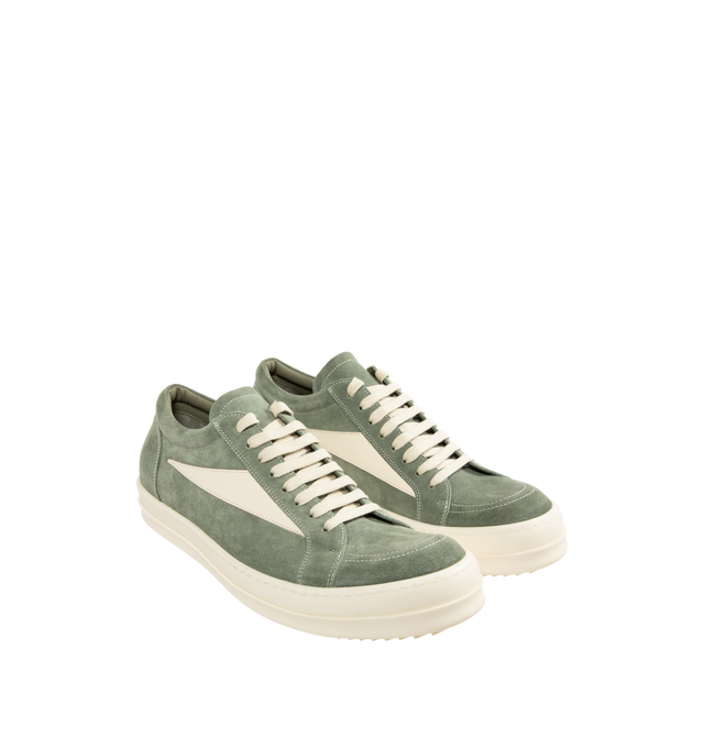 Image 2 of 5 - GREEN - Rick Owens Vintage Low-Top Sneakers are a lace-up style with graphic leather appliques and serrated soles. Velour suede and full-grain calf leather upper, lining and insole. Rubber sole.  