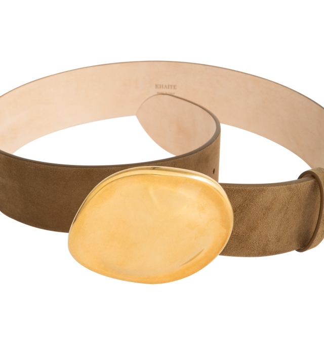 Image 2 of 2 - BROWN - KHAITE Keefe Belt featuring a sculptural domed buckle, silky calfskin suede and jewelry-grade hardware crafted in Italy of 18-karat-gold-plated brass. 100% baby calfskin. Made in Italy. 