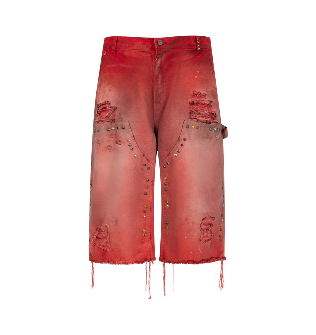 Image 1 of 3 - RED - Satoshi Nakamoto Danny's Carpenter Shorts feature distressed details, stud embellishments, and paint splatters. Main material: 100% Cotton. 