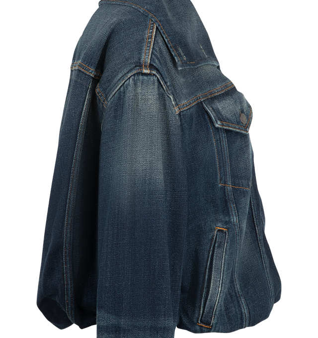 Image 3 of 3 - BLUE - Acne Studios Women's Cropped Denim Jacket is crafted from indigo-blue denim twill and features a regular-fit silhouette with a structured high neck and cropped length. Designed with branded button closures, front and side pockets, and a distinctive balloon hem that creates a gathered shape. Main Material: 100% Cotton. Lining: 65% Polyester, 35% Cotton.  