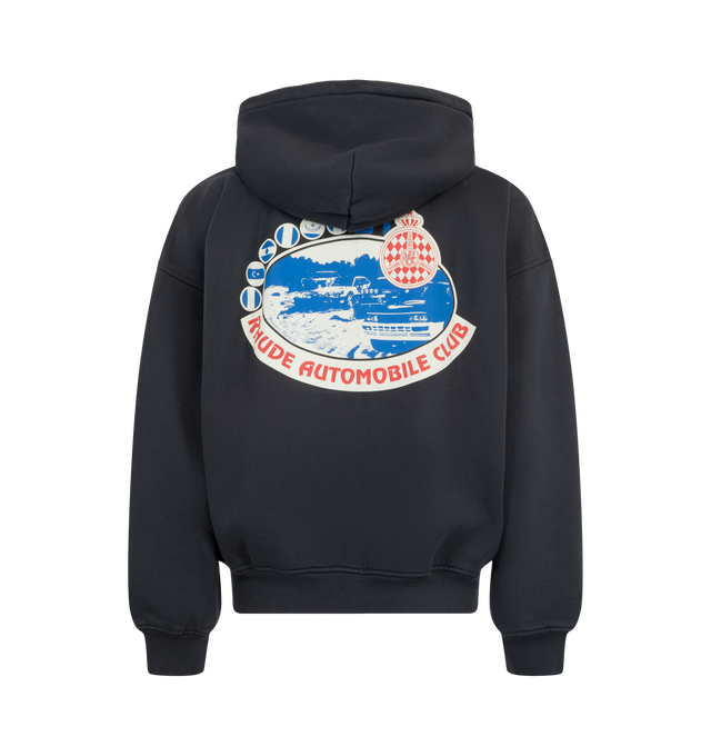 Image 2 of 2 - NAVY - Rhude Men's Automobile Club Zip-Up Hoodie is crafted from cotton and features a front zip closure, an attached hood, side slant pockets, and graphic artwork at the chest and back. Designed in a midweight fleece-lined construction, this everyday layer combines comfort with signature Rhude branding. Main Material: 100% Cotton. Made in the USA. 