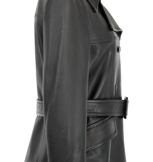 Image 3 of 3 - BLACK - Saint Laurent Womens Double-Breasted Jacket is crafted from lambskin leather. Features a double-breasted six-button closure, ulster collar, adjustable and detachable belt, two front flap pockets, one interior welt pocket, and an inverted box-pleat back vent. Main Material: 100% Lambskin; Lining: Cotton and Viscose. Made in Italy. 