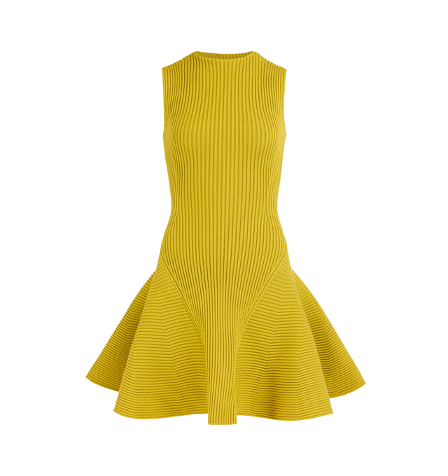Image 1 of 1 - YELLOW - Alaa Women's Rib Knit Skater Dress is crafted from a wool blend with a touch of stretch for comfort and shape retention. The sleeveless, crew-neck design features a fitted bodice that flares into a feminine knee-length skirt, creating the brand's signature fit-and-flare silhouette. Main Material: 89% wool, 10% polyamide, 1% elastane. Flounce: 85% wool, 14% polyamide, 1% elastane. Made in Italy. 