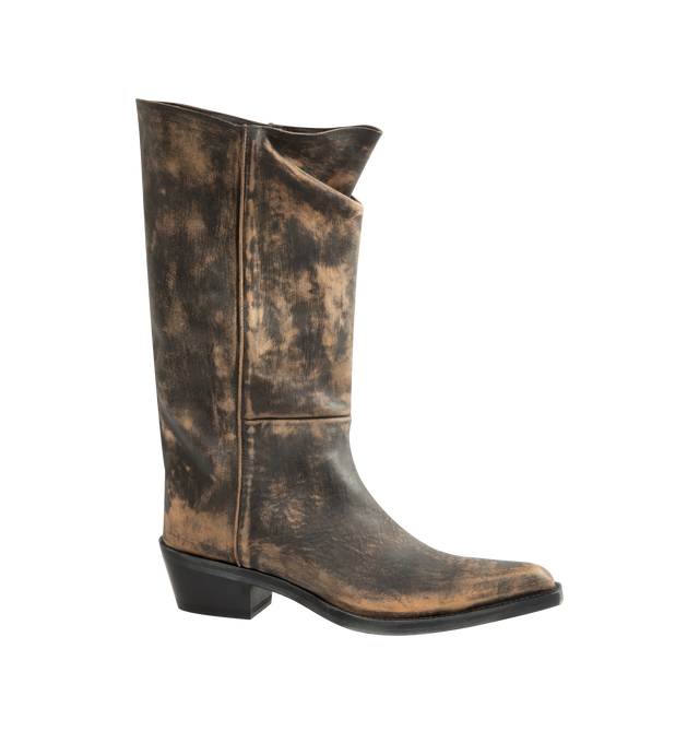 Image 1 of 4 - BROWN - Khaite Women's Clive Boot is crafted from vintage vacchetta calf leather and features a sharp snip-toe silhouette inspired by well-worn Western classics. Defined by a deliberately tilted shaft, the design is rendered in hand-worked, vegetable-tanned calfskin brushed to develop a rich patina over time. A stitched welt and stacked leather heel complete the distinctive construction. Main Material: 100% Calf Leather. Upper: Vegetable-Tanned Calfskin. Heel Height: 2.5 cm / 1 in. Toe: Snip  