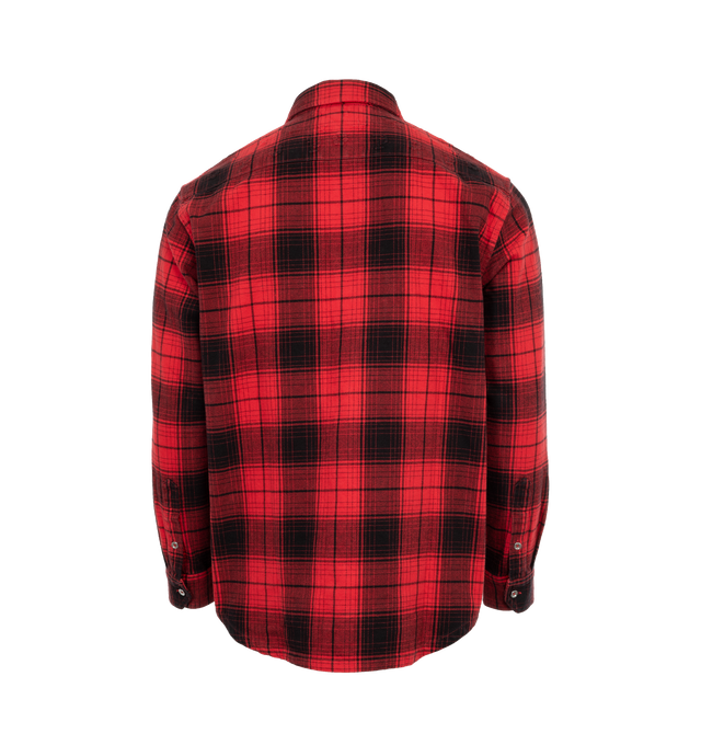 Image 2 of 3 - RED - PURPLE PLAID FLANNEL LS SHIRT featuring regular fit, overdyed woven flannel, left chest embroidery, embossed monogram on chest pockets and back yoke and Purple Branded buttons. 