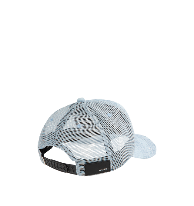 Image 3 of 3 - BLUE - AMIRI Trucker Hat in distressed bandana denim featuring a raised embroidered MA logo on the front, top button, embroidered eyelets, curved stitched brim, mesh back panel, adjustable back strap and leather logo patch. Cotton/polyester. Made in USA. 