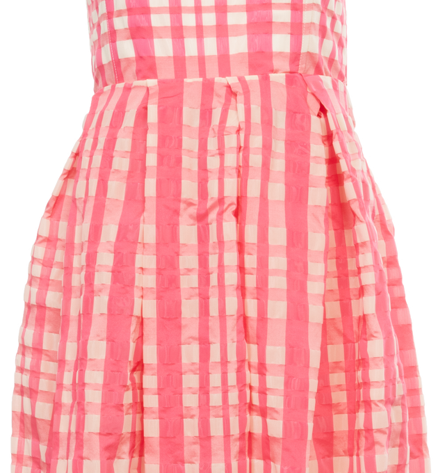 Image 4 of 4 - PINK - ROSIE ASSOULIN Oh Oh Livia's Dress featuring boned bodice, pleated waist and full skirt, gingham plaid pattern, strapless, hook-and-eye and hidden zip at side and on-seam hip pockets. 40% polyester, 32% polyamide, 28% cotton. 