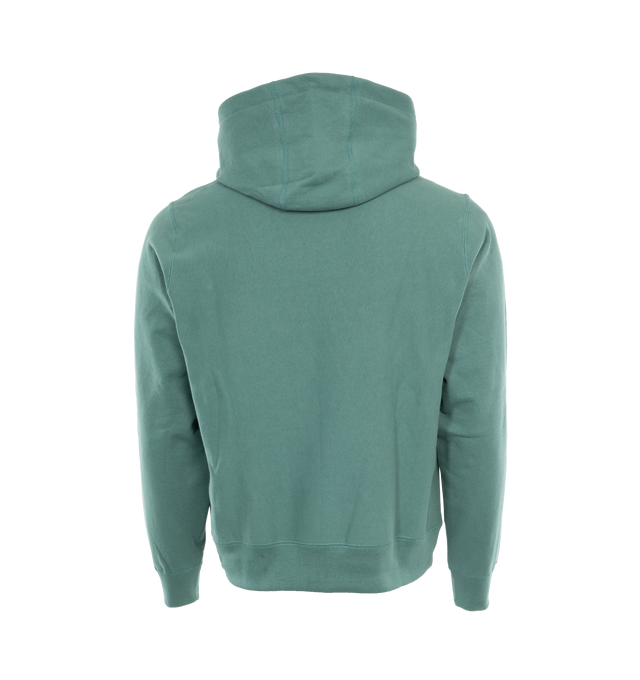 Image 2 of 3 - GREEN - NOAH Classic Hoodie featuring brushed-back fleece, kangaroo pocket, hood with drawstring, ribbed hem and cuffs and logo embroidery on pocket. 100% cotton. Made in Canada. 