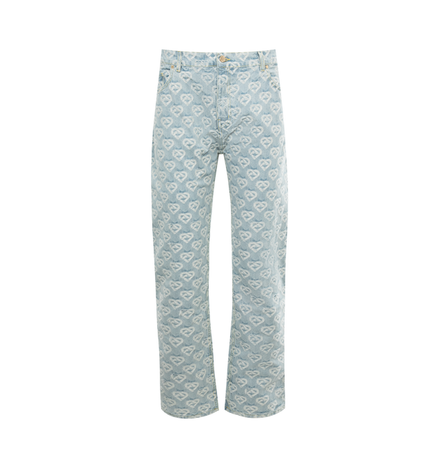 BLUE - CASABLANCA Jacquard Jeans featuring non-stretch organic cotton denim, jacquard logo graphic pattern and distressing throughout, belt loops, five-pocket styling, zip-fly, logo patch at back waistband and contrasting stitching in yellow. 100% organic cotton. Made in Portugal.