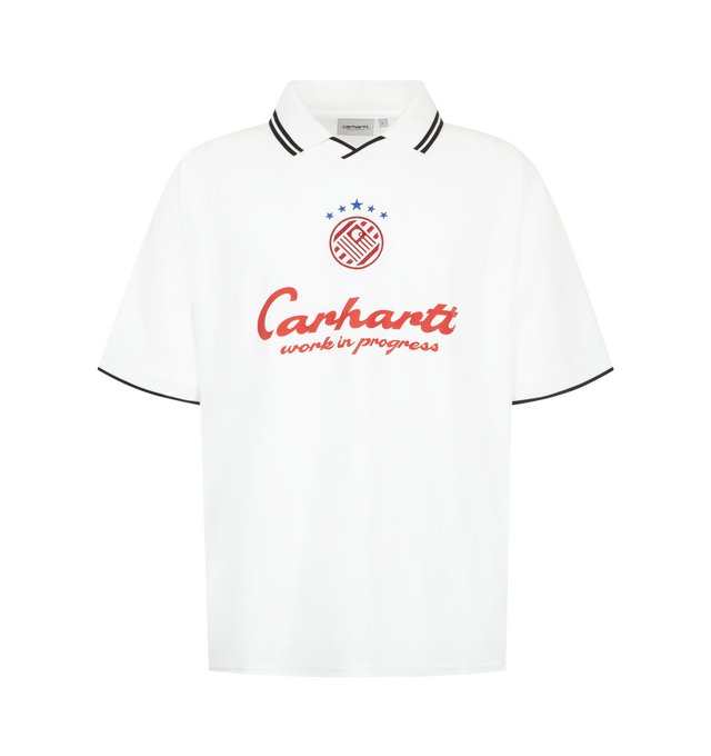 Image 1 of 2 - WHITE - The S/S Terrace Football T-Shirt is made in a loose fit from lightweight polyester fabric featuring allover jacquard motifs. The item has a collar and sleeves accented with contrast trims. Graphic embroidery and prints appear on the front. Material: 100% Polyester 