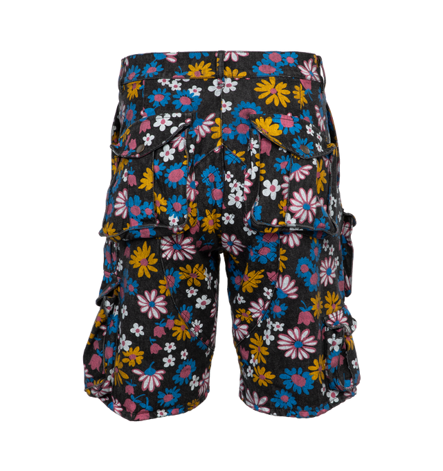 Image 2 of 4 - MULTI - ERL UNISEX CARGO SHORTS WOVEN shorts feature black flower print with two side slit pockets and carpenter pockets. 100% cotton. 