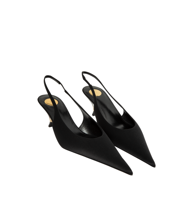 Image 2 of 4 - BLACK - Saint Laurent Women's Fanny Slingback Pumps are crafted from certified viscose and certified silk and feature a translucent silhouette with a pointed cap toe and a Plexiglas kitten heel embedded with the signature bronze-tone CASSANDRE. Designed with an elasticized slingback strap, the elegant pair is finished with a leather sole and a round Saint Laurent-engraved metal plaque at the insole. Main Material: Certified Viscose, Certified Silk. Sole: Leather. Closure: Elasticized Slingbac 