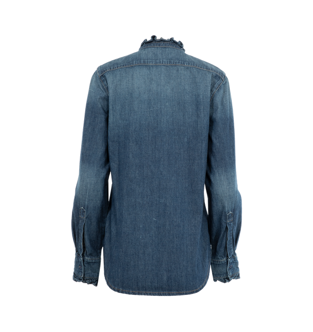 Image 2 of 2 - BLUE - NILI LOTAN Lydia Denim Shirt featuring slightly relaxed button down shirt in Japanese denim, ruffle detail at collar stand and sleeve cuff and slightly longer body length. 100% cotton. 