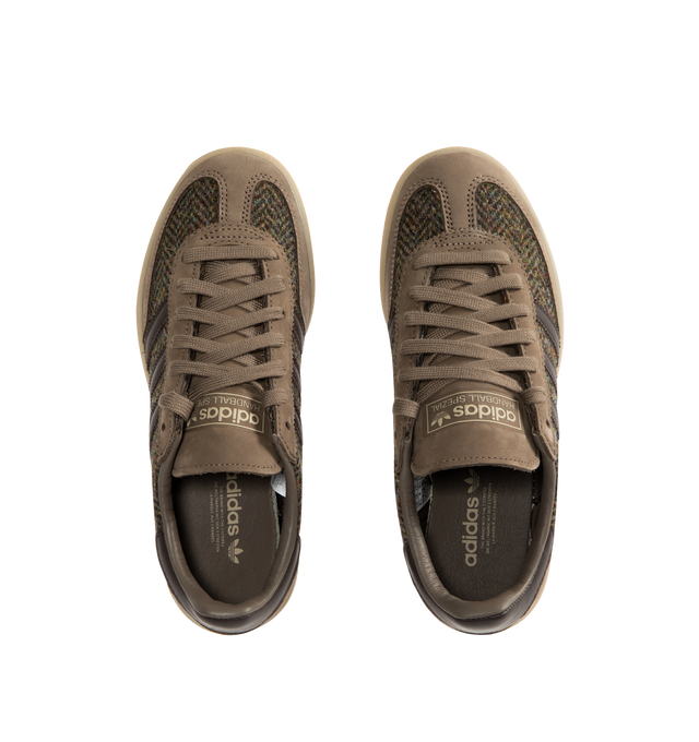 Image 5 of 5 - BROWN - ADIDAS Handball Spezial Sneaker featuring regular fit, laces, textile upper, leather lining, rubber outsole, Cold Cement construction, 3-Stripe branding, Harris Tweed textile and nubuck overlays. 