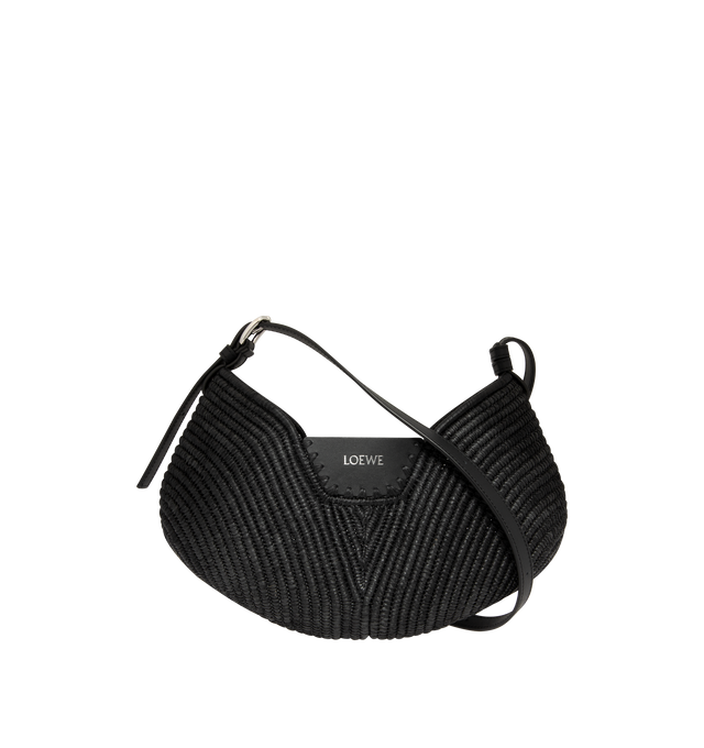 Image 1 of 3 - BLACK - Loewe Womens Swing Bag is crafted from raffia with calfskin trim. Features a fortune cookie silhouette, adjustable shoulder and crossbody strap, magnetic closure, handcrafted Canutillo detailing, signature buckle, unlined interior, and embossed LOEWE logo. Dimensions: 35  22  11 cm; Strap Length: 1797 cm; Strap Drop: 653 cm. Main Material: Raffia, Calfskin. Made in Spain. 