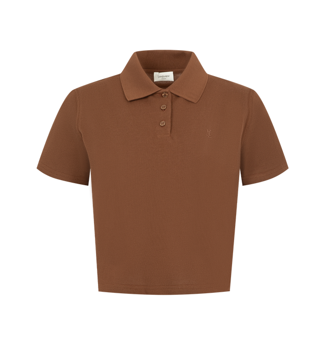 Image 1 of 2 - BROWN - SAINT LAURENT Cropped Polo Shirt featuring short-sleeves, a tonal logo embroidery at the chest, three-button placket and polo collar. 100% cotton. Made in France. 