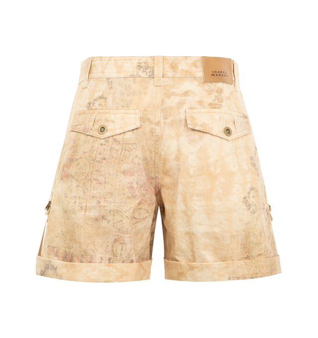 Image 2 of 3 - BROWN - ISABEL MARANT Calissy Shorts featuring lightweight cotton denim shorts with washed mandala print, flared Bermudas with front pleats, hidden bronze metal button and zipper, double side patch pockets and piped pockets with buttoned flaps on the back, turn-up hems, tone-on-tone grosgrain tabs with adjustable metal buckles, tone-on-tone double topstitching and leather label in back with an embossed "Isabel Marant" logo. 100% cotton. 