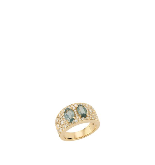 Image 2 of 2 - GOLD - Renna Women's Pelagia Ring is crafted in 18K yellow gold and features two one-of-a-kind denim blue Montana sapphires surrounded by brilliant diamonds in varying sizes, creating exceptional texture, dimension, and natural movement. This designer fine jewelry ring combines sculptural artistry with timeless elegance, balancing a bold silhouette with an effortless feel. Main Material: 18K Yellow Gold. Gemstones: Approximately 1.6 TCW Diamonds, 2.6 TCW Montana Sapphires.For personal consult 