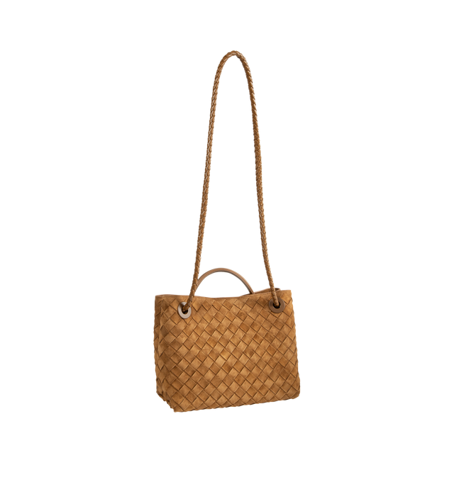 Image 3 of 4 - BROWN - Bottega Veneta Women's Andiamo Small Intrecciato-Suede Top Handle Bag is crafted from supple suede and showcases the houses signature Intrecciato weave. Detailed with gold-tone hardware and the collections signature knot detail, this versatile design features a top handle, a sliding shoulder strap, and a magnetic closure. The thoughtfully organized interior includes one slip pocket, one zip pocket, and two compartments for everyday essentials. Dimensions: 24.8 x 20.3 x 10.2 cm / 9.75  