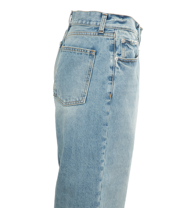 Image 2 of 3 - BLUE - ARMARIUM Luke Jeans featuring wide leg, five pockets, distressed cuffs, belt loops and button zip closure. 100% cotton.  