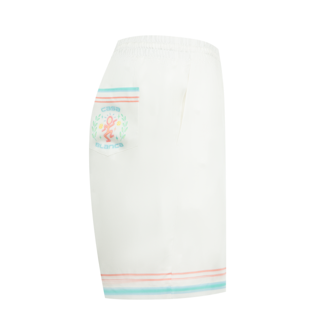 Image 3 of 3 - WHITE - CASABLANCA Dance Joy Silk Shorts featuring elastic mid waistband, adjustable drawstring at the waist, two side pockets, contrast multiolor details at the back and back, back pocket and straight leg. 100% silk. Made in Italy. 