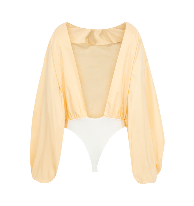 Image 2 of 2 - YELLOW - ALAIA Taffeta Bodysuit Blouse featuirng silk taffeta with balloon sleeves, straight neckline, open back and integrated ribbed knit panties. 100% silk. Made in Italy. 