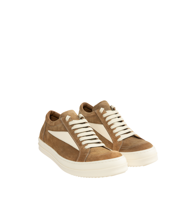 Image 2 of 5 - BROWN - RICK OWENS Vintage Sneakers featuring suede upper, padded collar, cow leather triangular leather applique on the side panels, contrast stitching, flat cotton laces and thermoplastic shark-tooth rubber outsole. Made in Italy. 