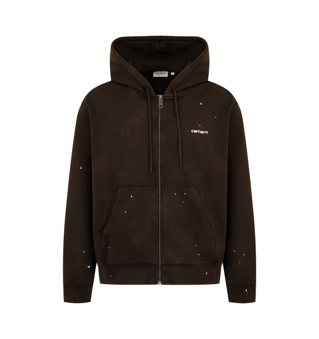 Image 1 of 2 - BROWN - CARHARTT WIP Hooded Painter Jacket featuring heavyweight cotton jersey with a brushed, fleece-like backing, boxy fit, dropped shoulders, ribbed trims, intentionally distressed, worn-in finish with paint accents throughout and an embroidered Script Logo appears on the chest. 100% cotton sweat. 