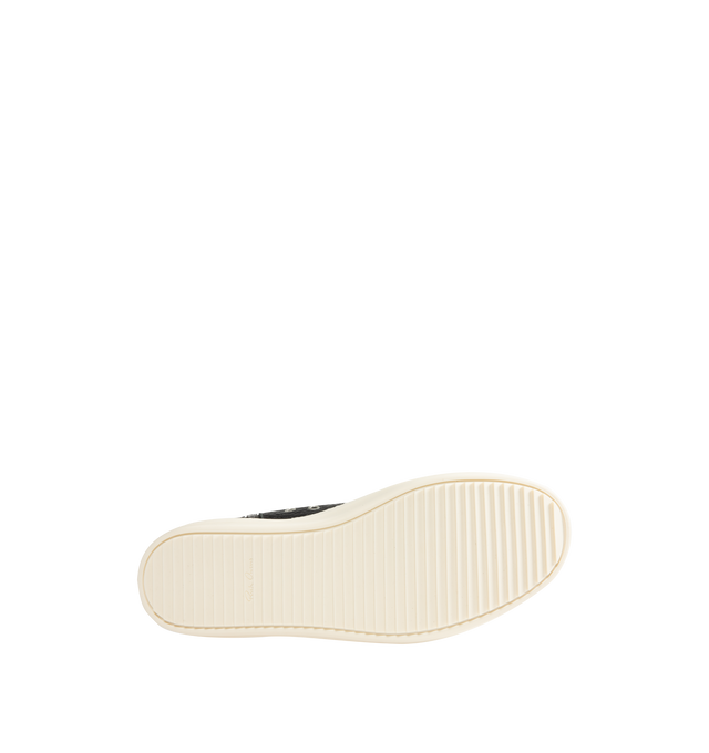 Image 4 of 5 - BLACK - Rick Owens Mens High-Top Sneakers feature a pebbled lamb leather and full-grain calf leather upper. Designed with a high-top silhouette, cream rope laces, off-white rubber toe cap, chunky ridged rubber cupsole, and lace-up closure. Upper: Lamb Leather and Calf Leather; Outsole: Rubber. Made in Italy. 