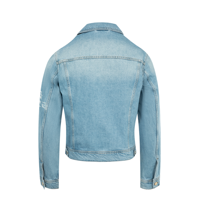 Image 2 of 2 - BLUE - Casablanca Graffiti Denim Jacket featuring spread collar, button closure, flap pockets and welt pockets, single-button barrel cuffs, button tabs at back hem and logo-engraved pale gold-tone hardware. 100% cotton. Made in Portugal. 