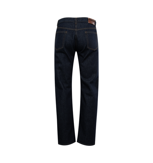 Image 2 of 3 - BLUE - DRIES VAN NOTEN Denim Pant featuring belt loops, five-pocket styling, button-fly, leather logo patch at back waistband, logo-engraved silver-tone hardware and contrast stitching in brown. 100% cotton. Made in Tunisia. 