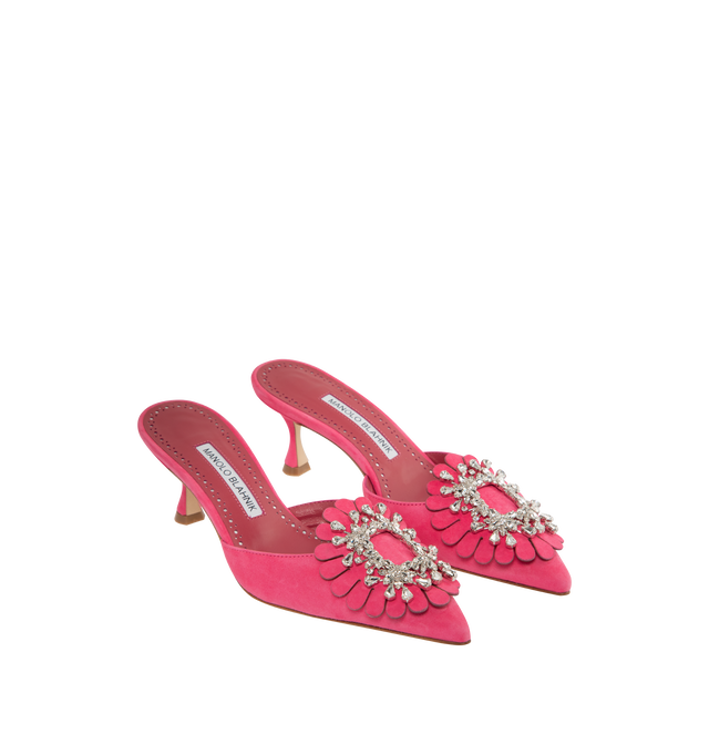 Image 2 of 4 - PINK - MANOLO BLAHNIK Shog Mule featuring suede mule pump, tonal floral-cut accent and crystal-embellished buckle, pointed toe, slide style and leather lining and outsole. 2.00 in/50 mm stiletto heel. Made in Italy. 