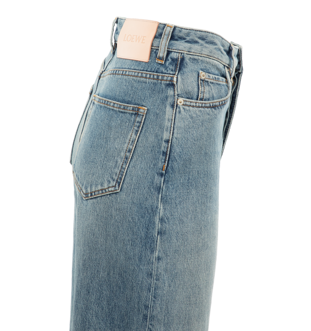 Image 2 of 3 - BLUE - LOEWE High Waisted Jeans crafted in medium-weight cotton denim in a regular fit, long length, high waist, slouchy leg, concealed button fastening, five pocket style with LOEWE embossed leather patch placed at the back. 100% cotton. 