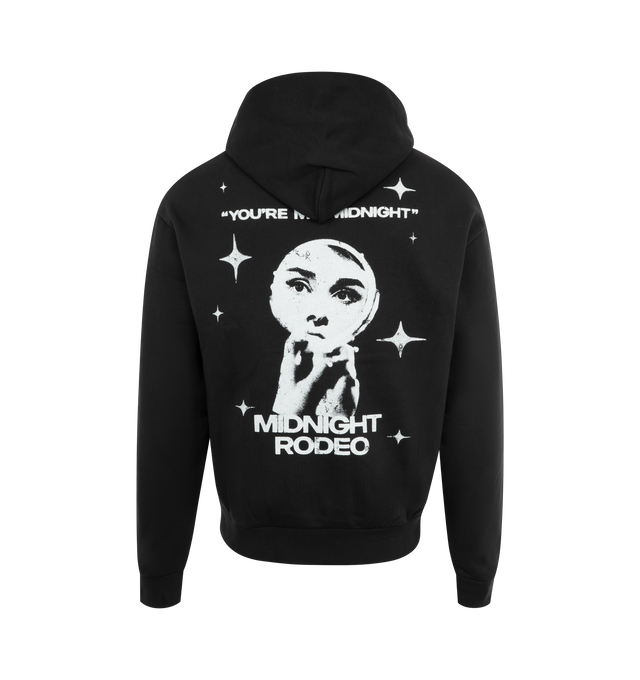 Image 2 of 2 - BLACK - Midnight Rodeo black cotton hooded sweatshirt with graphic printed on the chest and Audrey Hepburn photo by Richard Avedon with Youre My Midnight  stylized text on the back. 14 oz brushed French terry, standard fit. Made in Los Angeles.  