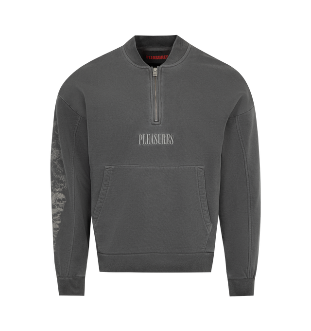 BLACK - PLEASURES Skull Spiral Quarter Zip featuring embroidered pleasures logo, french terry, garment dyed, distressed printed allover, partial front zipper closure and kangaroo pocket. 100% cotton.