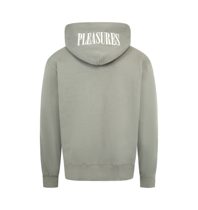 Image 2 of 2 - GREY - PLEASURES x Richard Bernstein Mythic Hope Pullover Hoodie featuring a cotton-blend hoodie, relaxed fit, fixed hood, ribbed cuffs and hem, kangaroo pocket and graphic on front. 72% cotton, 28% polyester. 