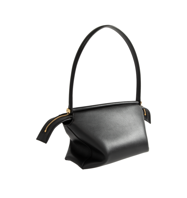 Image 2 of 3 - BLACK - Loewe Small Whisker Bag is crafted from black glazed calfskin and features a slouchy silhouette with a structured handle and oversized zip opening. Designed for shoulder, crossbody, or hand carry, it includes a detachable strap with rotating dog clips, articulated zipper pulls, foldable D-rings, an exterior flat pocket, and an interior flat pocket. Gold-tone hardware and embossed Loewe and Double L branding complete the design. Fits a large phone, small wallet, sunglasses, and keys. M 