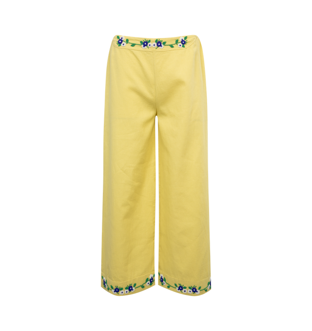 YELLOW - BODE Beaded Chicory Pants featuring wide leg, flare hem, cropped length, high waist, elastic waist in the back and flower detail at front waist and hem. 100% cotton. Made in India.