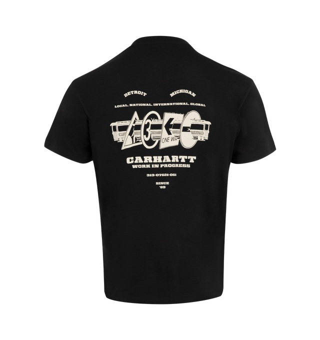 Image 2 of 2 - BLACK - Carhartt WIP Runaway T-Shirt has a crew neck, graphic prints at the front and back, a loose fit, and short sleeves. 100% cotton.  