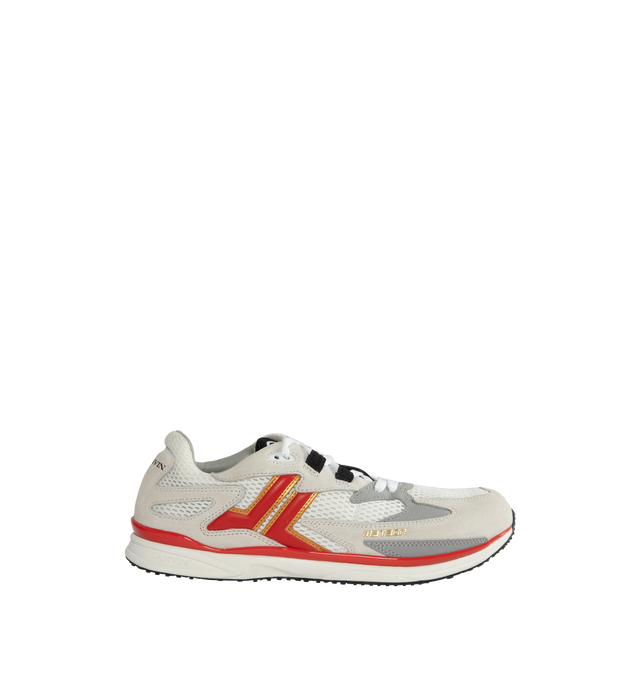 Image 1 of 5 - WHITE - LANVIN Meteor Colorblock Runner Sneakers featuring mesh fabric with colorblock suede and leather overlays, flat heel, reinforced round toe, lace-up vamp and tongue with label. Lining: Nylon/polyester/goat leather. Rubber outsole. 