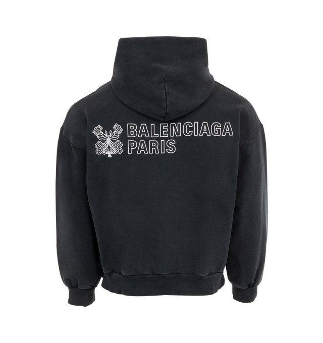 Image 2 of 2 - BLACK - Balenciaga Paris Zip Front Hoodie has an attached hood, a 2-way zip front closure, side pockets, ribbed trims, printed graphics at the back, and a signature logo on the front.  