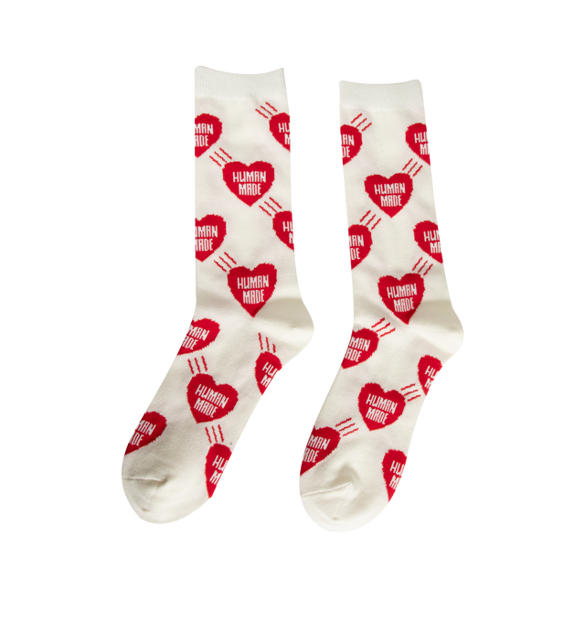 Image 2 of 2 - WHITE - Human Made Heart Socks are crafted from a lightweight cotton-blend fabric and feature a mid-length silhouette with an allover heart logo pattern. Designed with jacquard-woven heart graphics, elastic cuffs, and signature HUMAN MADE branding that adds a playful accent to everyday wear. Main Material: 48% Cotton, 19% Nylon, 18% Acrylic, 13% Polyester, 2% Spandex.  
