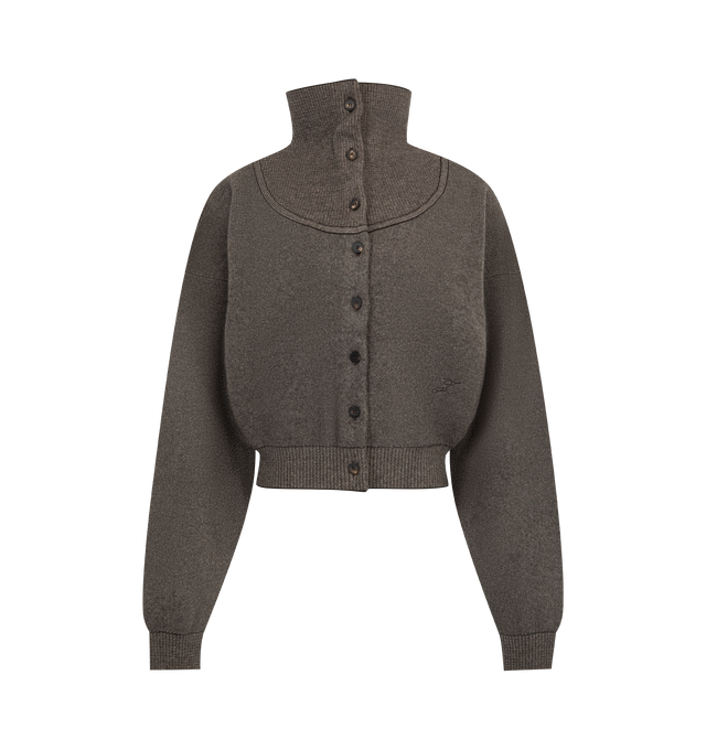 Image 1 of 3 - GREY - Jacquemus Women's The Pelota Cardigan is crafted from a luxurious blend of merino wool and cashmere and features a balloon-volume silhouette with a stand collar and horn button front closure. Designed with rib-knit trims at the collar, cuffs, and hem, this elevated knit is finished with a double-jersey neckline detail that adds subtle structure to its soft, voluminous shape. Main Material: Merino Wool, Cashmere. 
