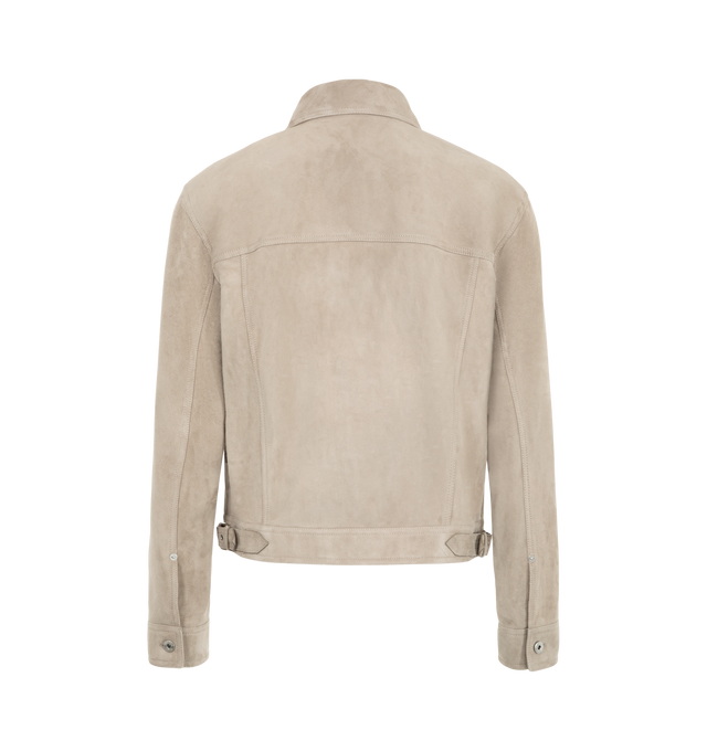 Image 2 of 2 - NEUTRAL - Bottega Veneta Men's Full-Grain Suede Jacket is crafted from supple full-grain suede and features a front zip closure, an unlined interior, and a regular-fit silhouette. This designer suede jacket combines minimalist Italian craftsmanship with a timeless silhouette for elevated everyday layering. Main Material: Full-Grain Suede Leather. Made in Italy. 