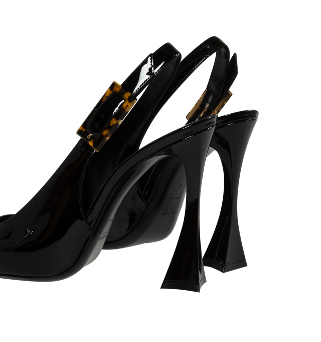 Image 3 of 4 - BLACK - SAINT LAURENT Dune Slingback Pumps in Patent Leather featuring pointed toe, low square cut vamp, flared heel, adjustable slingback strap and tortoiseshell buckle. 4.3 inche heel. Calfskin leather. Made in Italy.  