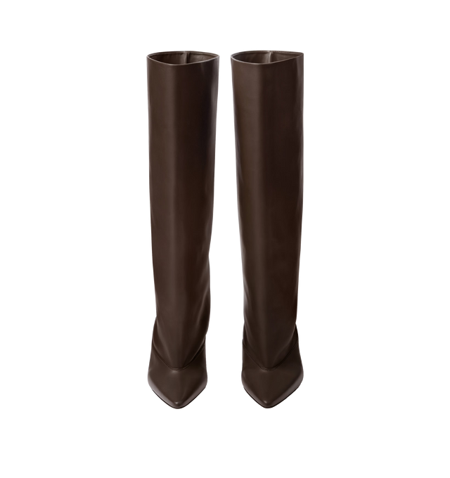 Image 3 of 4 - BROWN - JACQUEMUS High Tourni Boots featuring structured tubular boots in smooth leather, Trompe-l'oeil smooth leather pump shape, pointed toe, cut below the knee, lambskin leather insole and lining, 4.5cm asymmetric twisted heels with lacquered finish and contrast outsole. 100% calf leather. Outsole: 100% cow leather. Made in France. 