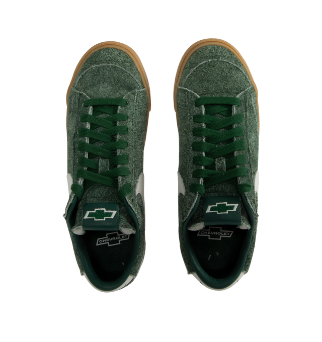 Image 5 of 5 - GREEN - NIKE Blazer Low Devin Booker Chevrolet Team Sneaker featuring supple leather upper in a vibrant hue, signature Booker details, including his jersey number on the heel, low-top silhouette, foam midsole and rubber outsole. 